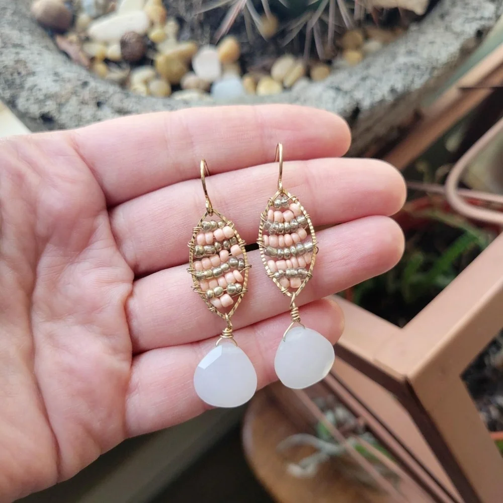 Handmade Pink & White Beaded Dangle Drop Hook Earrings